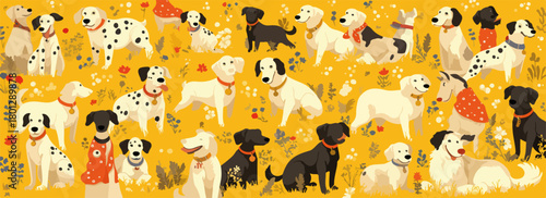 Allegra illustrazione vettoriale di un gruppo eterogeneo di cani felici con sfondo giallo ocra