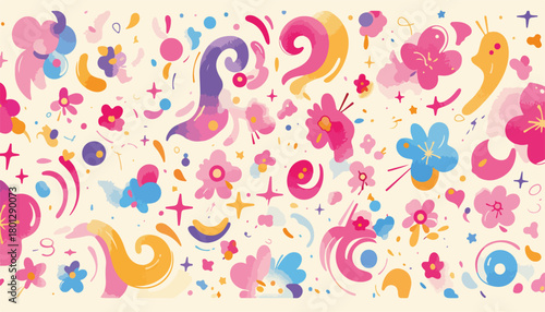 Vibrante sfondo astratto con fiori stilizzati e forme organiche in tonalità pastello rosa e giallo.
