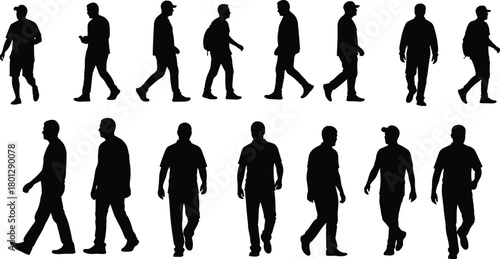 Walking people flat vector illustration, silhouette figures, diverse motion poses, casual and formal attire, human movement, lifestyle, crowd concept