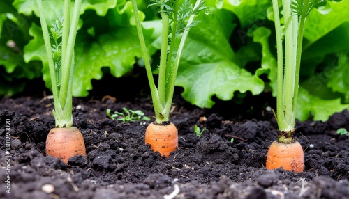 Fresh organic carrots growing in dark soil ready for harvest in a garden on a sunny day for healthy eating