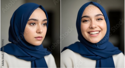 Close-up portraits of a young woman wearing a blue hijab and a white top, showcasing different facial expressions and emotions in a professional studio setting