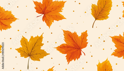 Sfondo autunnale con foglie di acero dipinte ad acquerello e pois dorati, pattern senza cuciture.