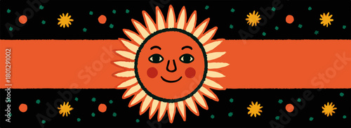 Sole sorridente con raggi e stelle su sfondo nero, stile retrò, vettore illustrativo