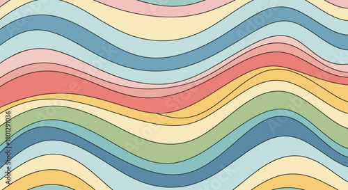Wavy lines in pastel colors create a retro, psychedelic pattern.