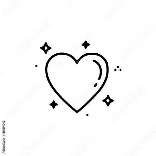 Simple black and white line drawing of a heart shape with sparkling elements.