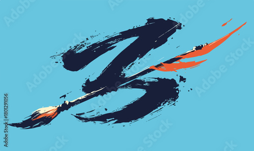 Pennellata astratta e dinamica con un pennello che crea arte su sfondo blu brillante, stile moderno.