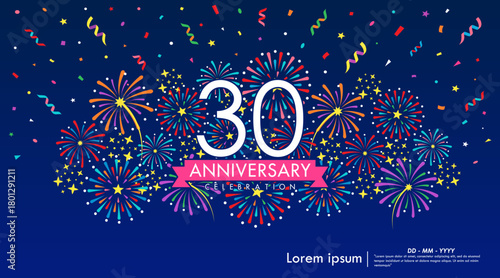 30th years anniversary celebration emblem. anniversary logo isolated with colorful stars and fireworks twinkle, sparkle and ribbon. vector illustration template design for web	
