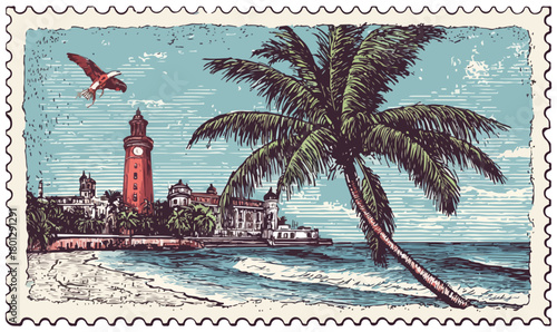 Un timbro postale vintage raffigurante una spiaggia tropicale con palma, torre e mare.