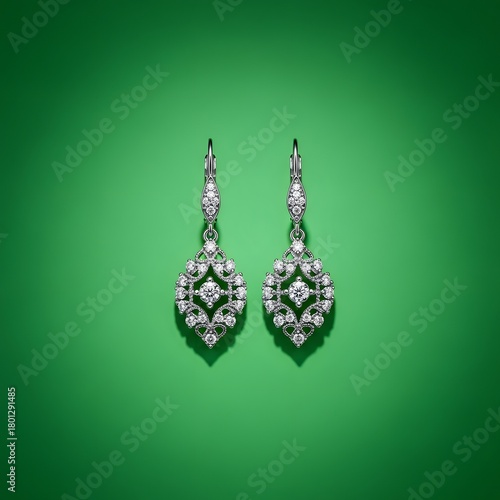 Elegant silver and diamond drop earrings with intricate design hanging against a vibrant green background