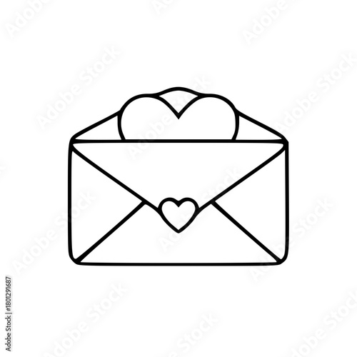 Simple line drawing of an open envelope with a heart protruding from it, and a heart on the envelope.