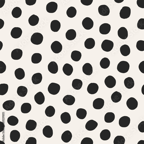Polka dot pattern. Abstract black and white background with scattered spots, blobs in chaos, messy circles. Modern seamless texture, repeating print for textile design. Flat vector illustration