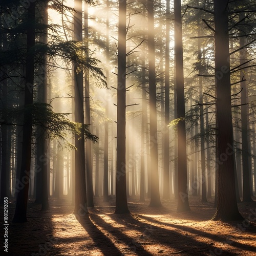 Sunlight filters through tall trees in a dense forest creating long shadows and a peaceful, natural atmosphere during the early morning hours