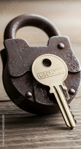 Close-up of a vintage padlock with a key labeled 'LIBERATION' resting on a wooden surface, symbolizing freedom and security