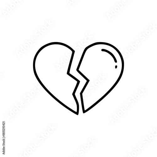 A simple black and white illustration of a heart broken in two, symbolizing sadness.
