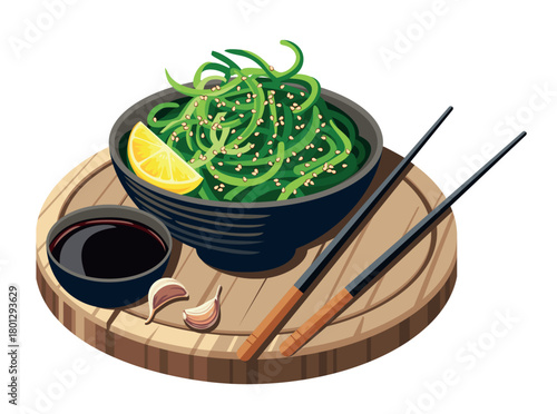 Hiyashi Wakame Chuka seaweed salad in bowl. Vector illustration
