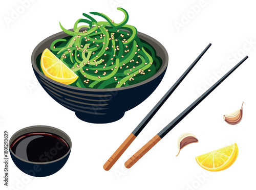 Hiyashi Wakame Chuka or seaweed salad in bowl. Vector illustration