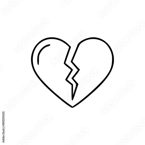 A minimalist line drawing of a broken heart, split in two with a jagged crack, isolated on a white background.