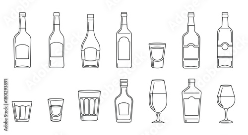 Collection of line art illustrations featuring various alcohol bottles and glasses, showcasing different types of spirits and drinkware outlines.