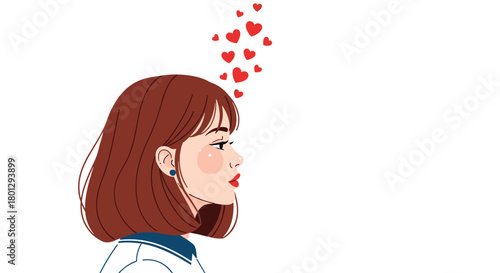 Side profile illustration of a young woman with a stylish brown bob haircut and rosy cheeks, surrounded by floating red hearts.