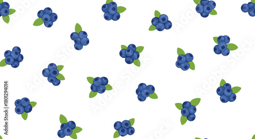 Seamless pattern featuring fresh scattered blueberries with green leaves on a clean white background, perfect for food and nature designs.