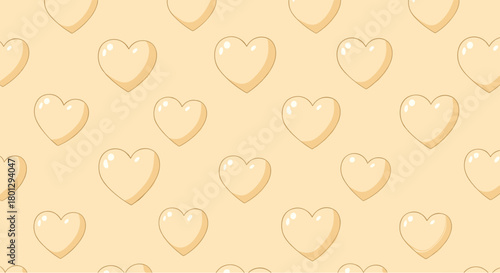 Seamless pattern featuring rows of cartoonish golden hearts with a subtle glow on a warm light beige background evoking romance.