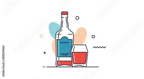 Stylish illustration of a liquor bottle next to a filled glass adorned with colorful abstract geometric shapes on white background.