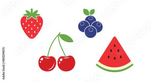 Collection of vibrant fruit icons featuring a juicy strawberry a cluster of blueberries sweet cherries and a refreshing watermelon slice.