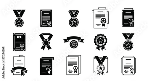 Extensive collection of black and white silhouette icons featuring medals certificates and ribbons symbolizing awards and achievements.