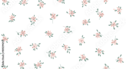 Seamless pattern featuring scattered clusters of delicate small pink flowers and green leaves on a pristine white background.