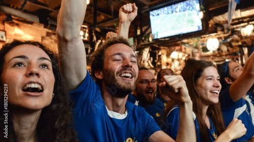 Friends watching game in pub cheering with raised hands, excitement, celebration and joy of sports community