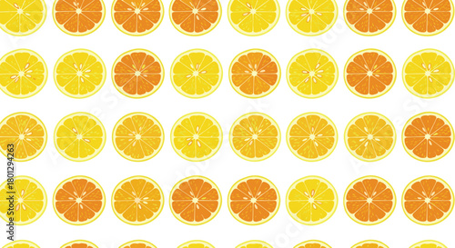 Seamless pattern featuring vibrant orange and yellow citrus fruit slices evenly distributed on a crisp white background.