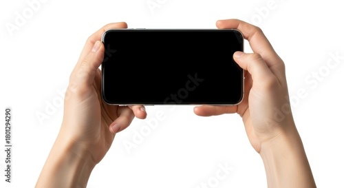Hands holding a smartphone horizontally, blank screen, Mobile, Device, Technology