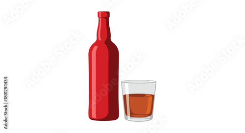 Bold illustration of a red alcohol bottle placed next to a glass filled with brown liquor, suggesting spirits and beverage.