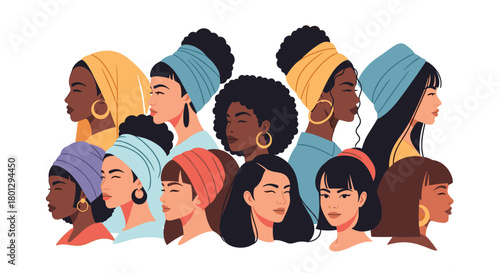 Diverse group of women with varying skin tones and hairstyles, some wearing elegant head wraps, symbolizing unity and multiculturalism.