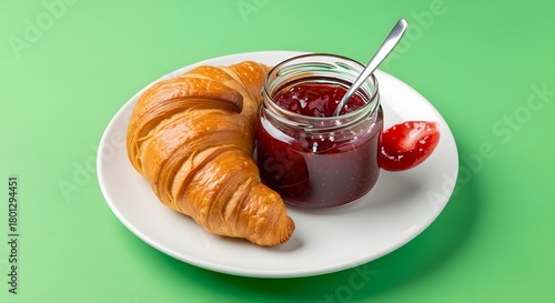 A fresh croissant served with a jar of strawberry jam and a spoon on a white plate against a vibrant green background