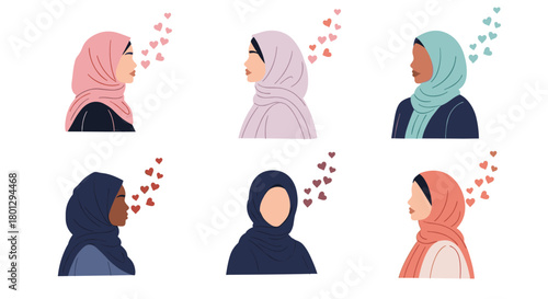 A diverse group of six Muslim women wearing traditional hijabs with hearts floating around them symbolizing love peace and sisterhood.