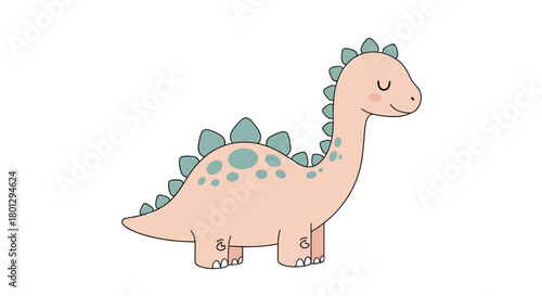 A charming cartoon illustration of a cute and friendly Stegosaurus dinosaur with a pink body and blue-green plates.