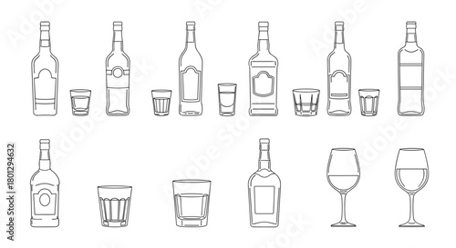 An extensive collection of line art illustrations showcasing various alcohol bottles and different types of drinking glasses.