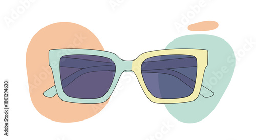 A pair of stylish sunglasses featuring two-tone frames in light blue and yellow with dark lenses against abstract pastel shapes.