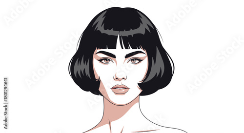 A captivating minimalist portrait of a woman with a chic short bob haircut and bangs exuding elegance and modern style.