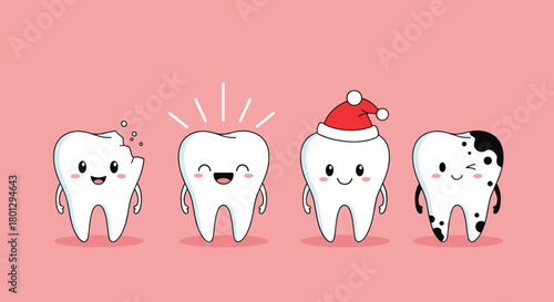 A charming set of four cartoon tooth characters illustrating various dental conditions from healthy to chipped and with cavities.