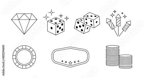 A collection of line art gambling and casino icons featuring a diamond dice fireworks a poker chip and stacks of coins.