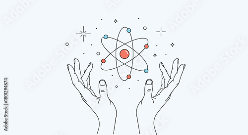 A detailed line art illustration of two hands gently holding a glowing atom with orbiting electrons and sparkling elements.
