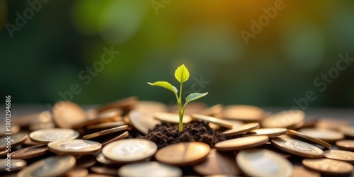 A small plant grows from soil surrounded by coins.
