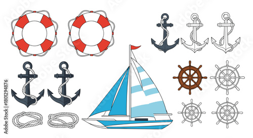 Collection of nautical elements including life preservers anchors sailboat and ship wheels.