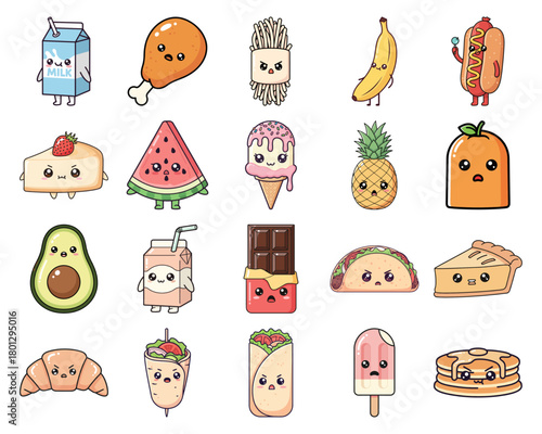 Cute kawaii food icons set with funny expressions