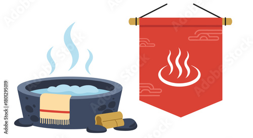 A hot spring bath with a steaming tub and a decorative banner displaying an onsen symbol promoting relaxation and wellness.