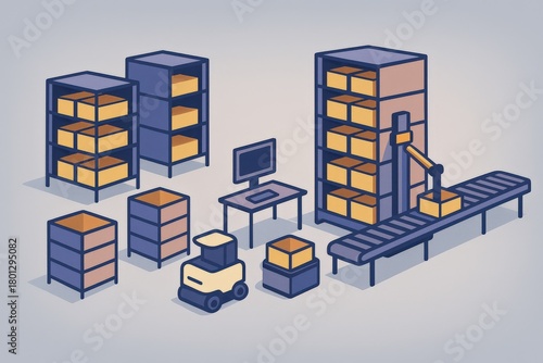 Automated logistics system featuring a conveyor belt, robotic arm, stacked boxes, and virtual workspace emphasizing modern supply chain efficiency