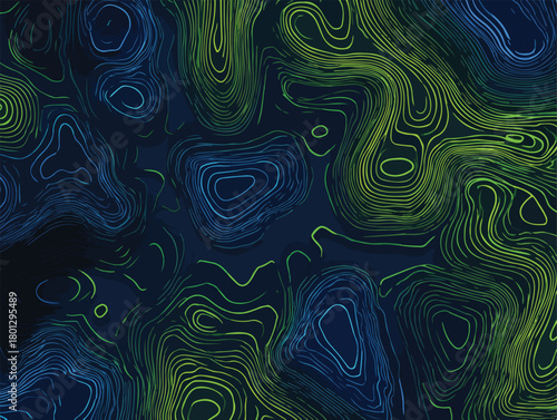 Astratto sfondo blu e verde con linee curve e organiche, un design moderno e dinamico.