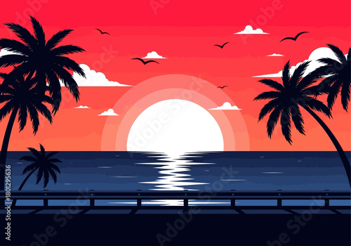 Retrowave Sunset Beach Vector – 80s Synthwave Palm Tree Seaside Illustration